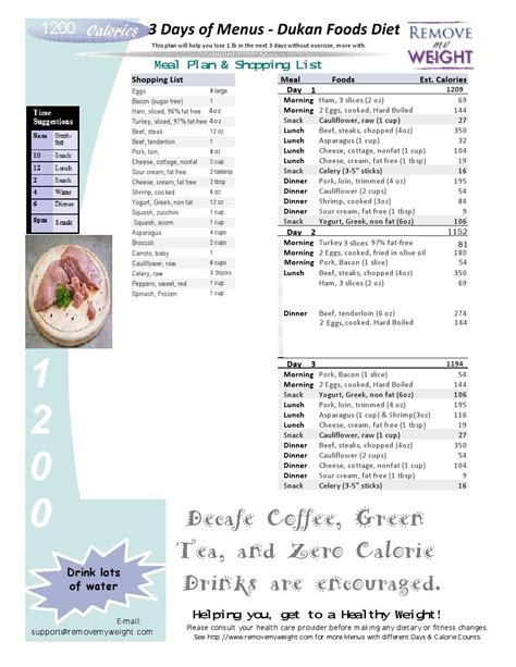 Printable 1200 Calorie Dukan Diet For Weight Loss With Shopping List