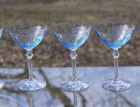 Vintage Blue Fostoria Optic Crystal Cocktail Coupe Glasses Set Of 5