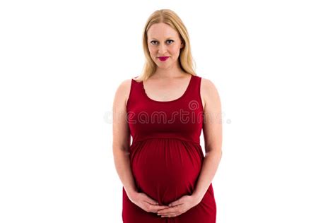 pregnant woman in red dress holding belly on white background stock image image of maternity