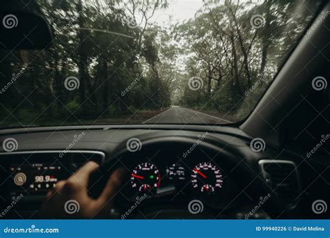 Inside View Of Car Steering Wheel While Driving Across Australian Road