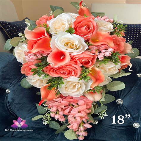 Coral Ivory Wedding Bouquet Cascading Coral Peach Champagne Etsy