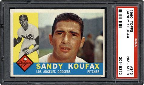 Key rookie cards like 1948 leaf satchell paige, 1951 bowman mickey mantle and willie mays, 1952 topps mickey mantle, 1954 topps hank aaron, and 1955 topps sandy koufax and roberto clemente; 1960 Topps Sandy Koufax | PSA CardFacts®