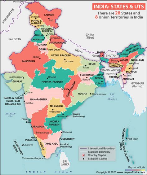 Map Of India Depicting 28 States And 8 Union Territories In The Country