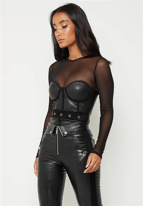 Long Sleeve Mesh Bustier Bodysuit Black In 2020 Leather Bodysuit Fashion Body Suit Outfits