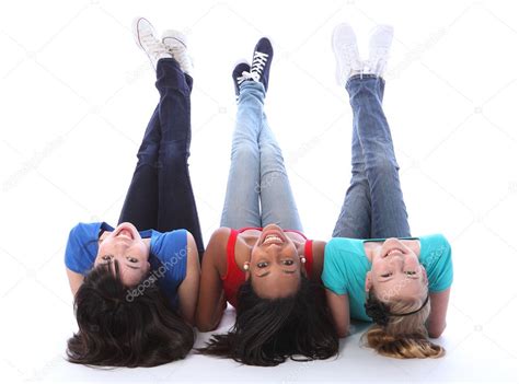 Upside Down Fun For Three Student Girl Friends Stock Photo By