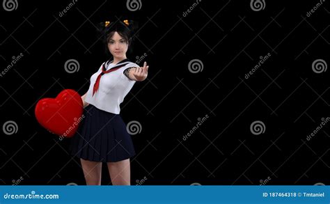 3d Rendering A Portrait Of An Comic Japanese Girl Pin Up Girl Pose With Big Red Heart For