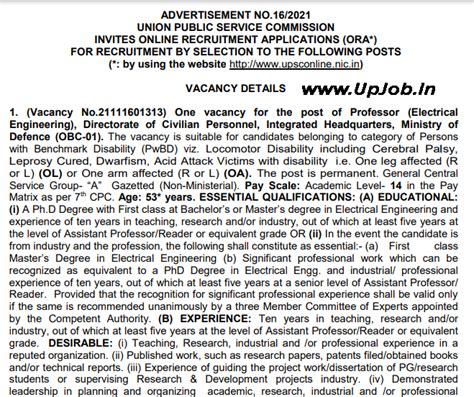 Upsc Teaching Vacancy Details Post 36 Professor Advertisement No162021