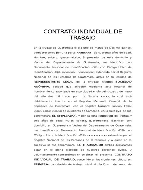 Modelo Contrato Individual De Trabajo Guatemala Política