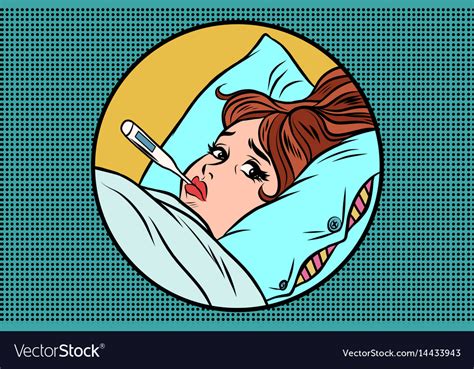 Sick Young Woman Lying In Bed With Thermometer Vector Image