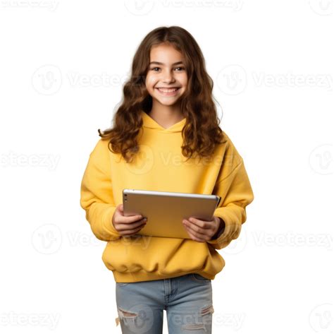 Ai Generiert Kind Mädchen Mit Tablette Png Datei Von Isoliert Ausgeschnitten Objekt Mit