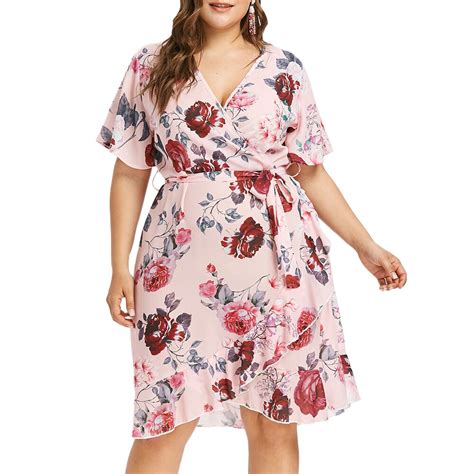 Women Summer Dress Plus Size Short Sleeve Floral Print Lady Dresses