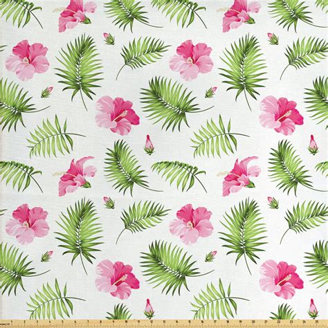 Tropical Fabric By The Yard Pink Hibiscus Flowers With Green Palm