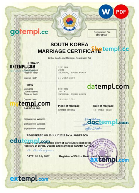 south korea marriage certificate word and pdf template fully editable