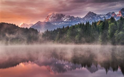 Landscape Nature Lake Forest Mist Mountains Snowy Peak Germany