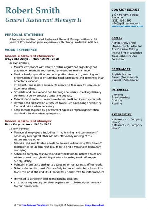 General Restaurant Manager Resume Samples Qwikresume