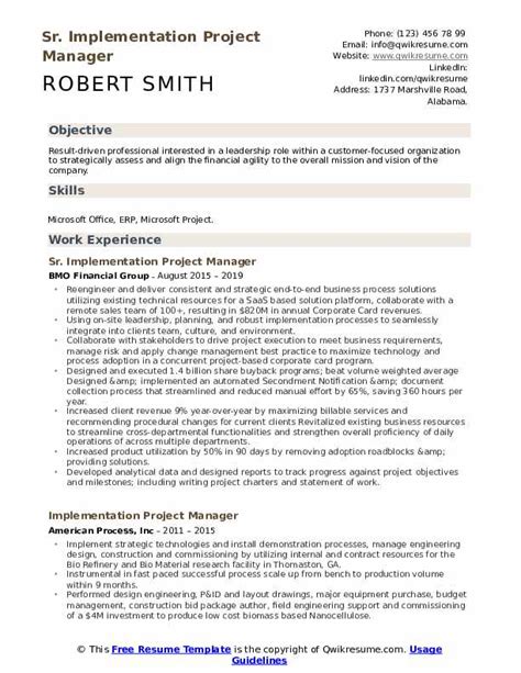 125+ samples, all free to save and format in pdf or word. Implementation Project Manager Resume Samples | QwikResume