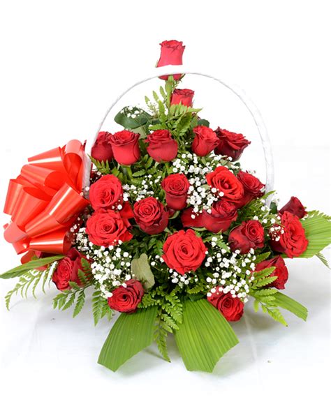 Flower Basket Delivery A Basket Of Red Roses Wrapped With A Nice Ribbon
