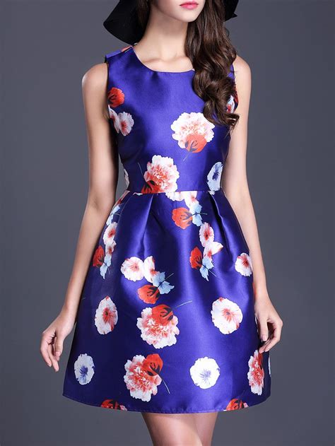 Blue Round Neck Sleeveless Floral Print Dress Sheinsheinside