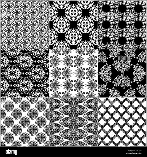 Black And White Geometric Tiles Seamless Patterns Set Vector Stock