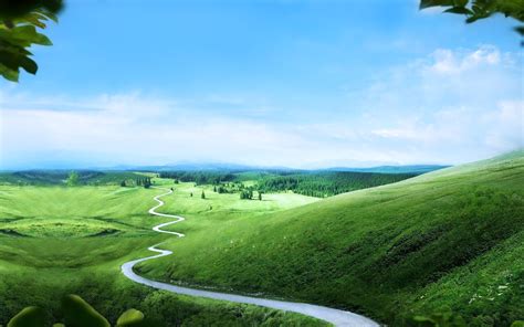 Green Landscapes Hills Road Long Way Path Trees Nature Earth Sky Clouds Wallpapers Hd