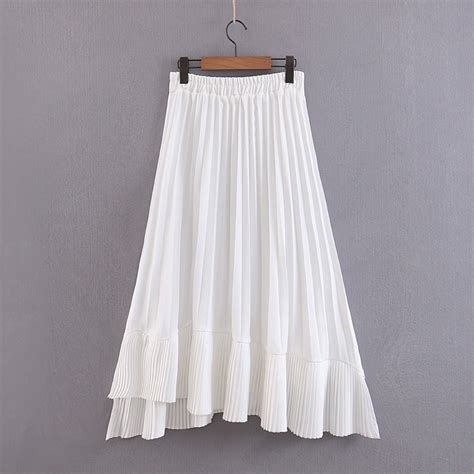 Pleated Midi White Skirts Womens Asymmetrical Summer Ruffled Long Skirt