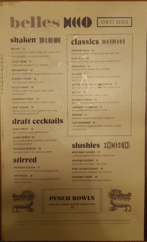 Carta del pub y bar Belles Beach House, Los Angeles
