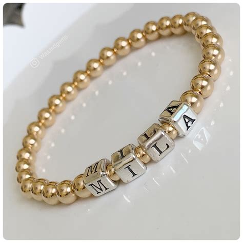 6mm Gold Bead Name Bracelet Personalized Stretch Bracelet Girl Dad Bracelet Block Letters