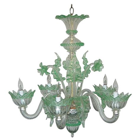 Vintage Murano Glass Chandelier Of Clear Opaline With Green Accents