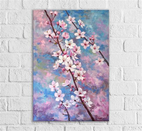 Pink Cherry Blossom Painting Vertical Canvas Art Flowering Cherry Tree