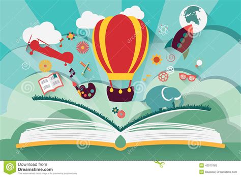 Imagination Concept Girl Reading A Book With Air Balloon Rock