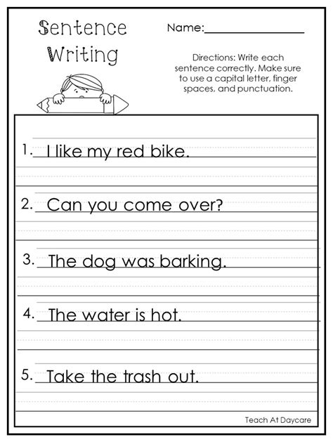 Printable Kindergarten Writing Sentences Worksheet