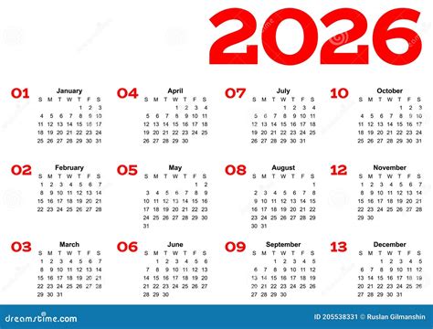Anno 2026 Calendario Della Griglia Di Una Pagina Mese Multicolore Su