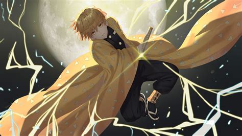 Demon Slayer Boy Zenitsu Agatsuma With Background Of Bright Moon 4k 5k Hd Anime Wallpapers Hd