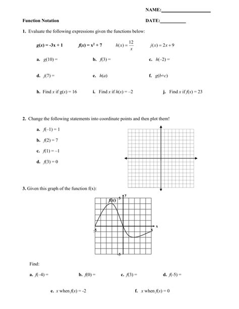Algebra 11 Function Notation Worksheet