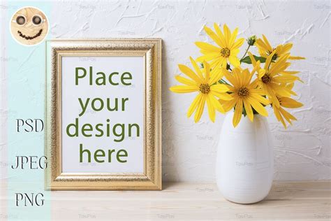 Download Landscape golden frame mockup with yellow rosinweed flowers (64164) | Mockups | Design Bundles