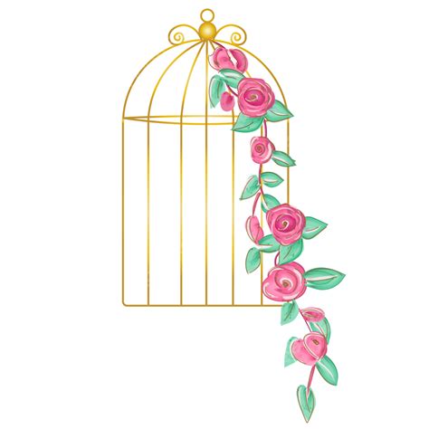 Open Bird Cage Vector Art Png Cage With Flowers Golden Bird Hanging Golden Cage Cage With