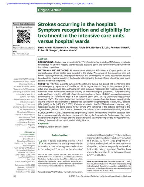 Pdf Strokes Occurring In The Hospital Symptom Recognition And