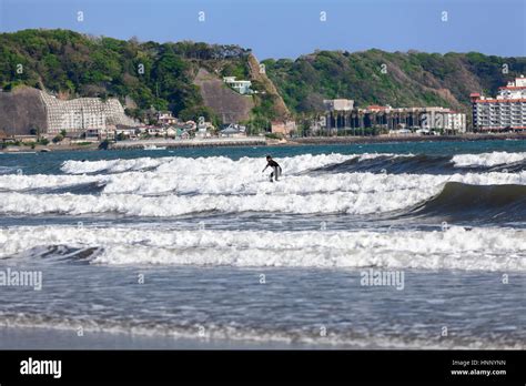 Kamakura Japan Circa Apr 2013 Japanese Surfer Is On The Crest Of