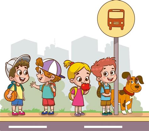 Cute Kids Waiting For School Bus Cartoon Vector 22982170 Vector Art At