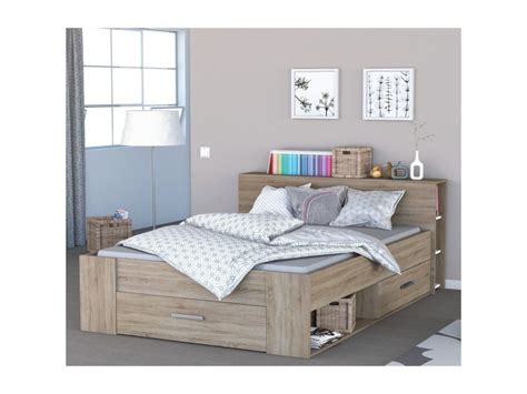 Chêne (quercus mongolica) provenance : Lit en bois avec tiroir imitation chêne brossé 160x200 ...