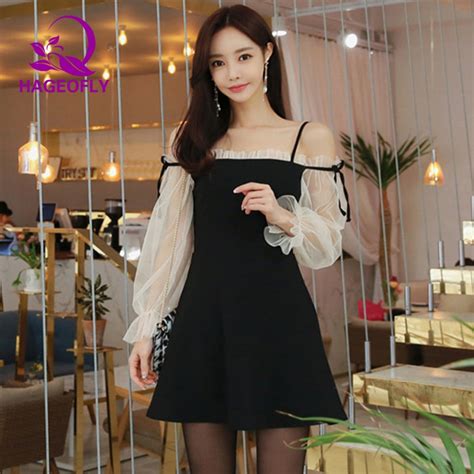 New Korean Fashion Slim Mesh Stitching Mini Dress Lantern Sleeve One