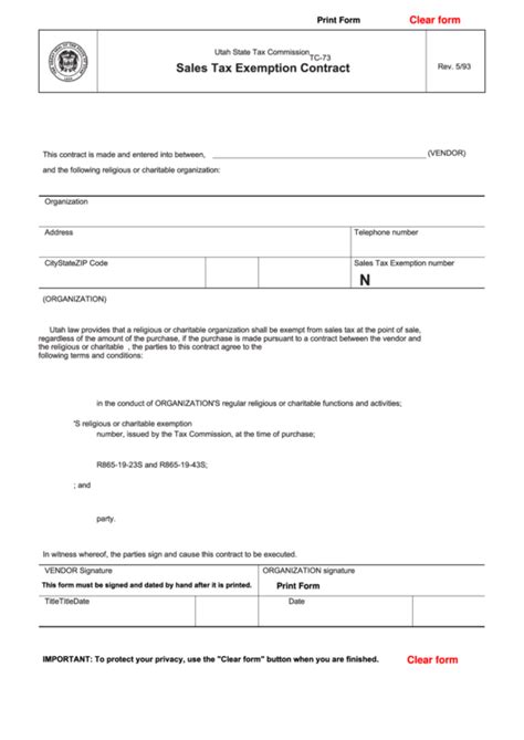 Check spelling or type a new query. Fillable Form Tc-73 - Sales Tax Exemption Contract Form ...
