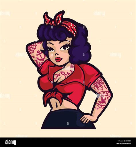 Vintage Rockabilly Pin Up Woman Posing With Vintage Clothes And Tattoos