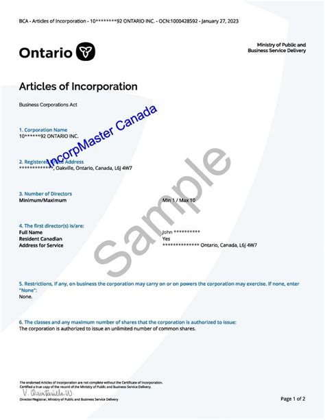 Sample Of Articles Of Incorporation Ontario Incorpmaster