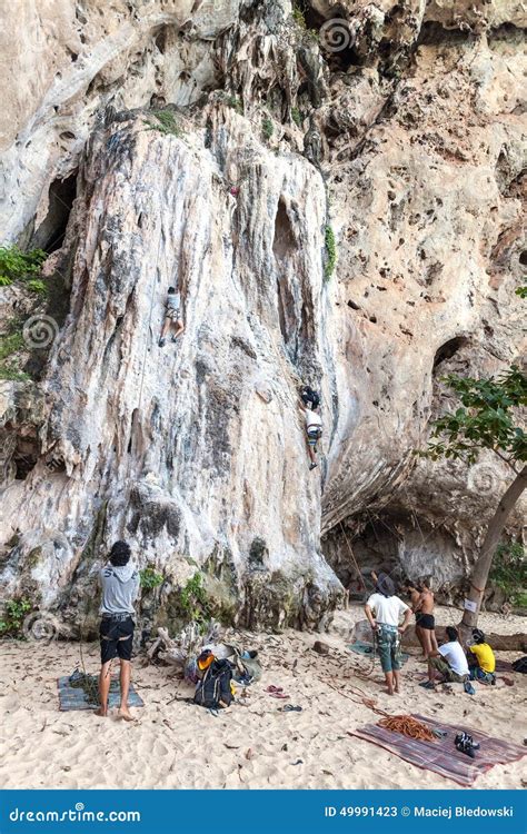 Rock Climbers And Tourists On Railay Beach Editorial Stock Photo