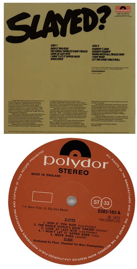Slade Slayed 1st Vg Uk Vinyl Lp Album Lp Record 569107