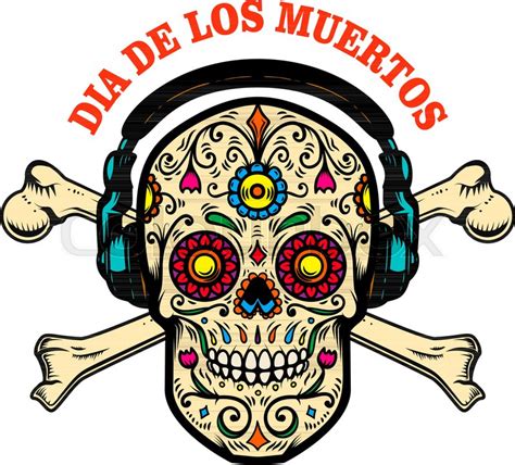 Mexican Sugar Skull With Headphones Stock Vector Colourbox