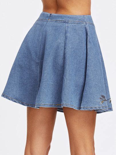 botanical embroidered denim box pleated skirtfor women romwe embroidered denim box pleat