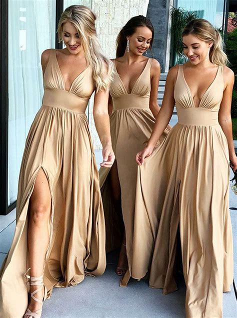 Gold Bridesmaid Dressbridesmaid Dress With Slitfull Length Bridesmai