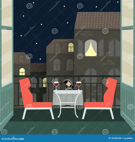 Night Romantic Date With Wine On Balcony Vector Flat Illustration
